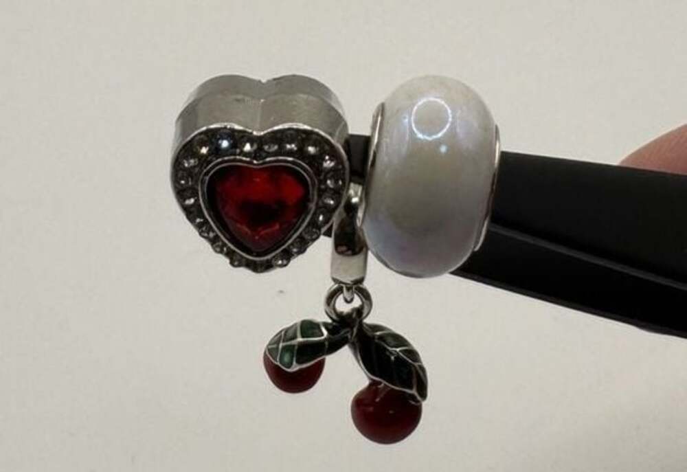 Pandora Cherry Dangle, Unbranded Red Heart, And White Murano Glass Charms
